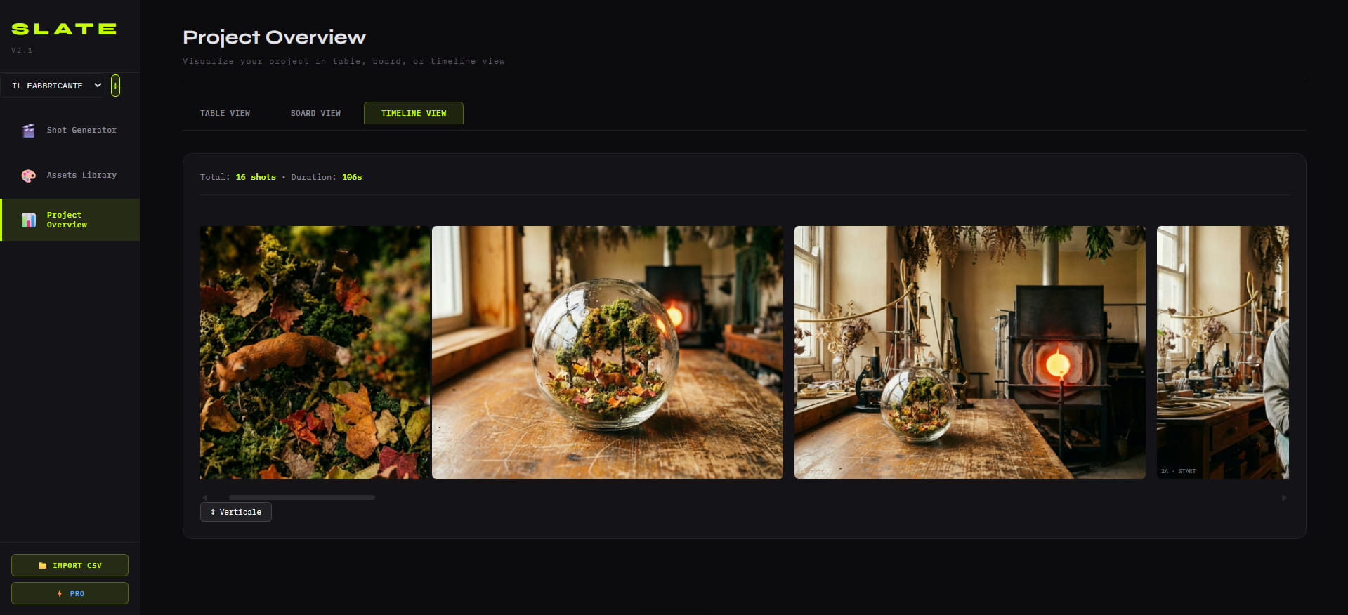 Timeline view di SLATE: 16 shot, 106 secondi — la sequenza completa di Il Fabbricante di Mondi prima del montaggio